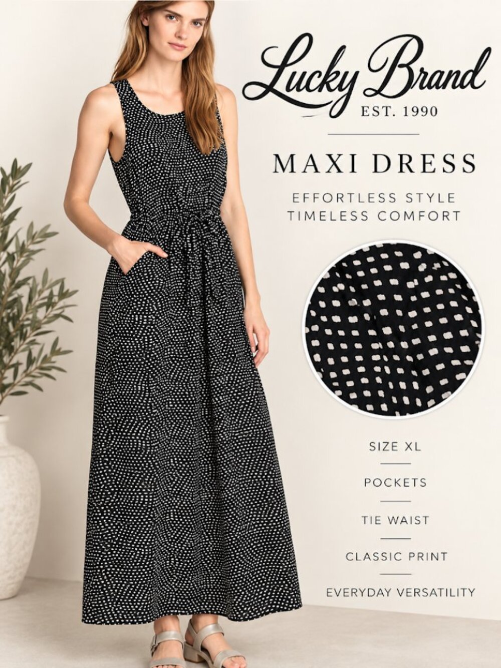 Lucky Brand Sleeveless Polka Dot Maxi Dress Black & White - Size XL